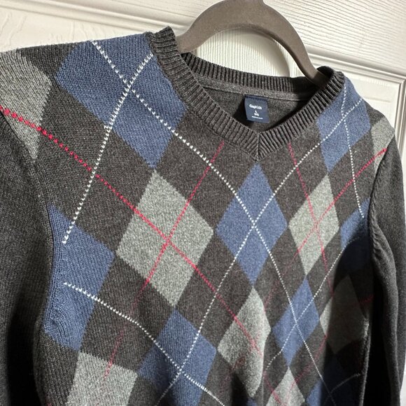 Gap Kids Boy's Large Sz 10 Gray & Blue Argyle V-neck Sweater Preppy Academia - Picture 4 of 7